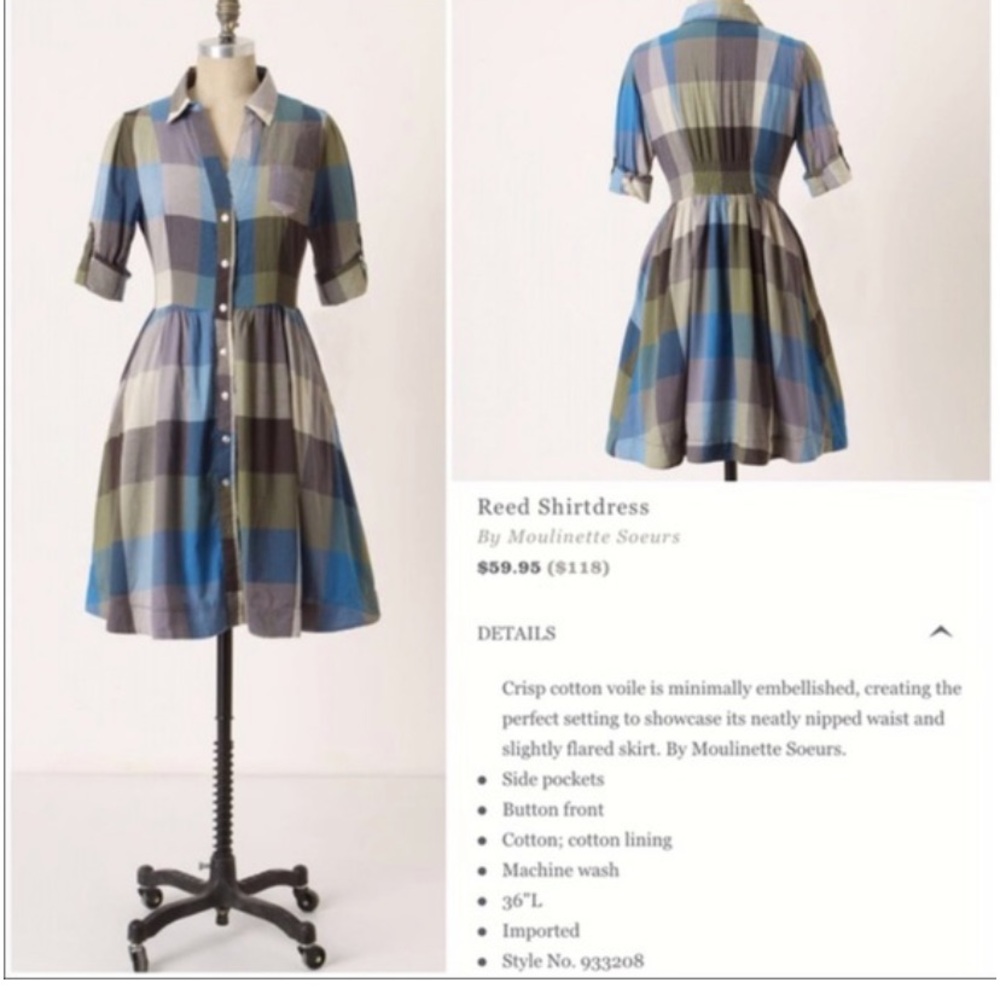 Anthropologie Vintage Retro Moulinette Soeurs Reed Blue Plaid Shirt Dress Pinup